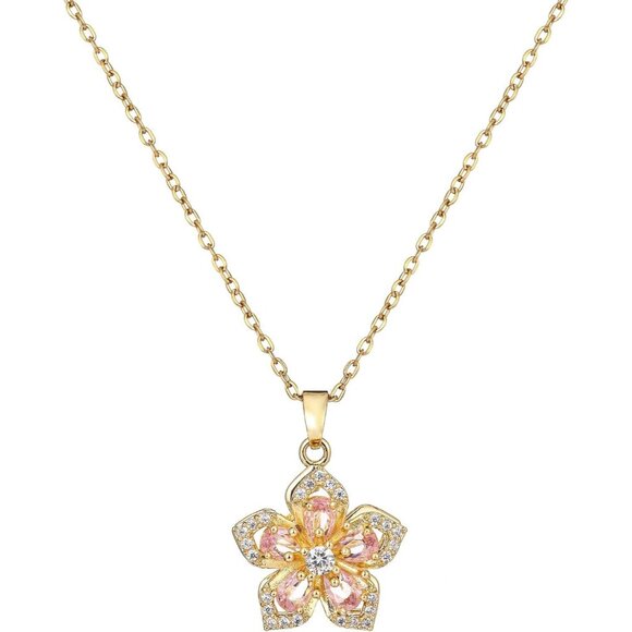 Women Gold Flower Fidget Pink Necklace Rotatable Crystal Blossom Pendant - Picture 1 of 7